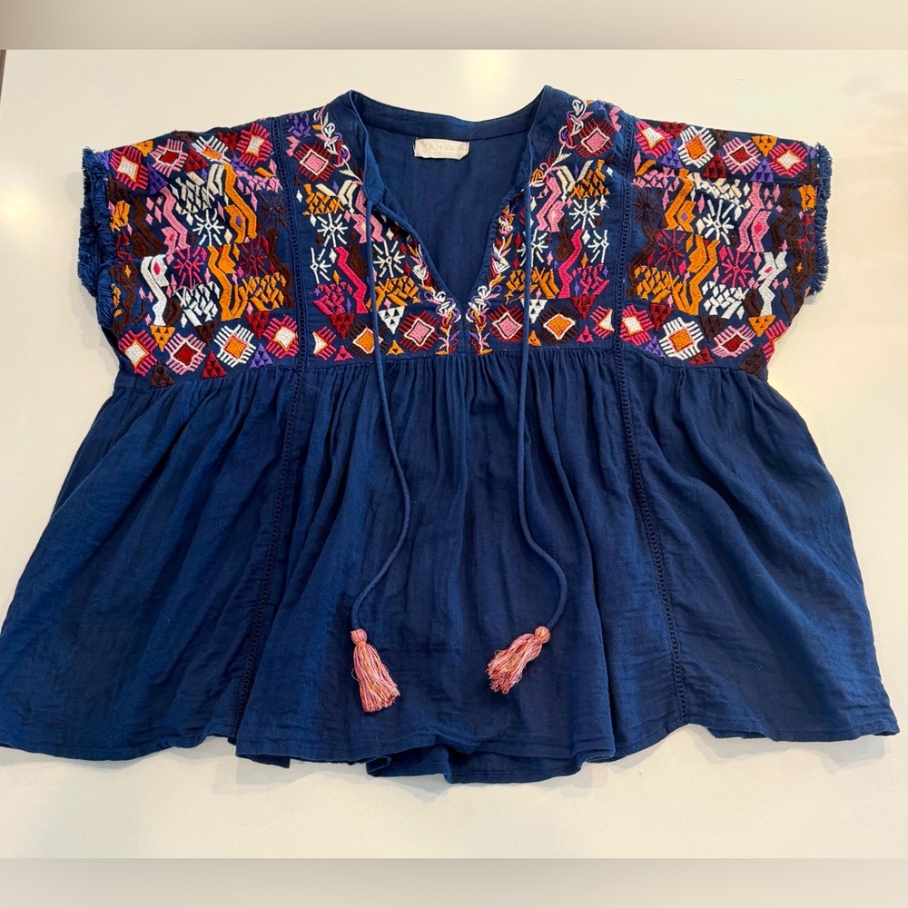 Altar’d State Embroidered Navy Boho Peasant Top with Multicolor Yoke Large